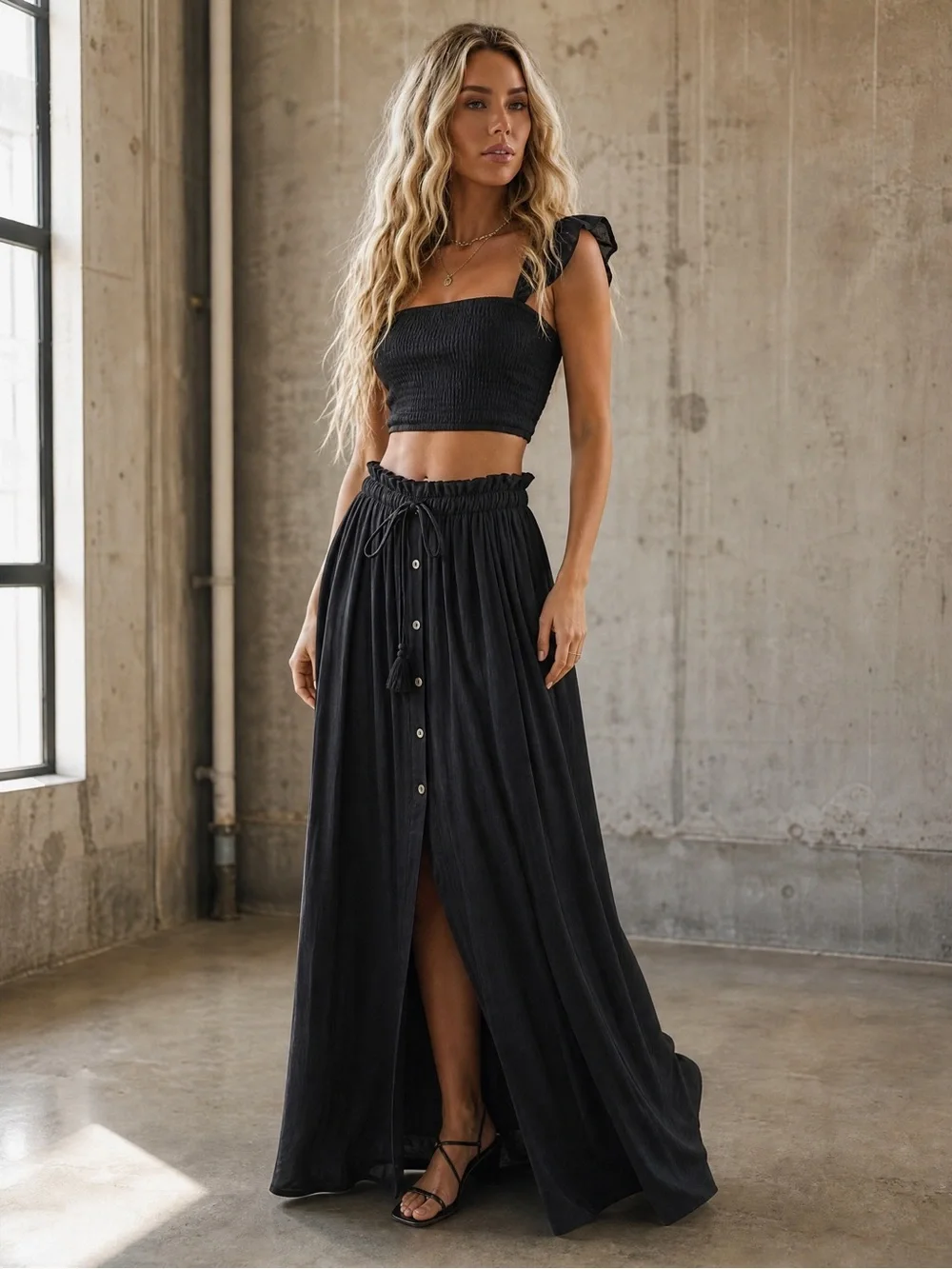 NWT 2 Piece Smocked Crop Top Tank & Button Maxi Skirt Set Black - Picture 5 of 6